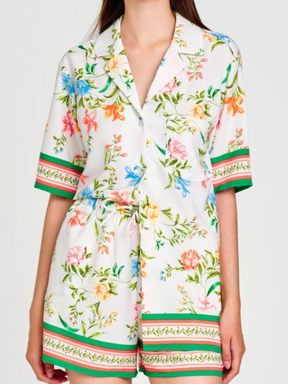 WAYF Lounge Set Floral Tropical Vintage Scarf Camp Shirt & Shorts White Multi